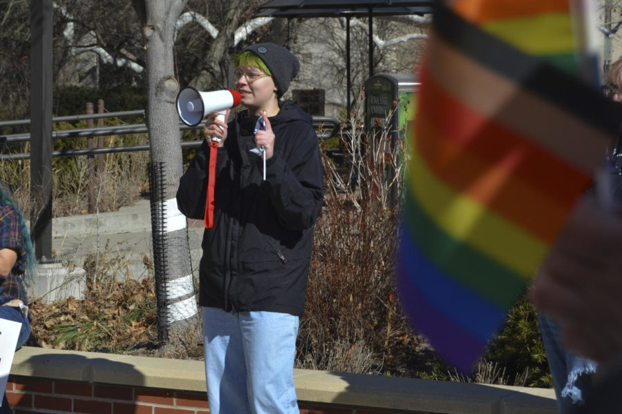 Rylee Foreman addresses the members of the LGBTQIA+ walkout at the free speech zone near Parks Library on March 1, 2023.