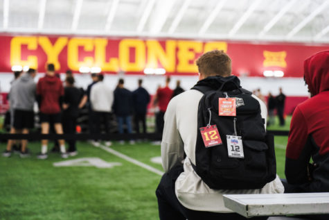 Iowa State quarterback Hunter Dekkers watches his teammates perform for NFL scouts at pro day, Bergstrom Football Complex, Mar. 22, 2022. 