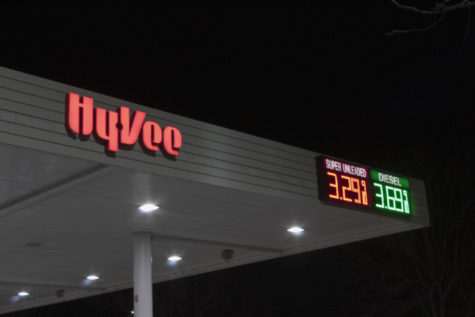 Gas prices advertised on the top of the Hy-Vee gas overhang located in Ames, Iowa on March 27.