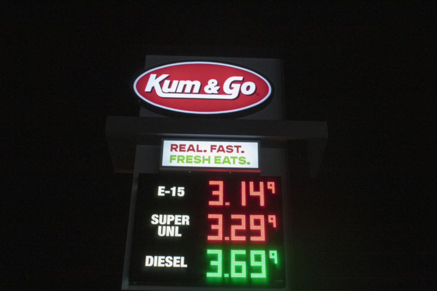 The price of gas is being displayed on an electronic billboard outside of a Kum & Go gas station in Ames Iowa. 