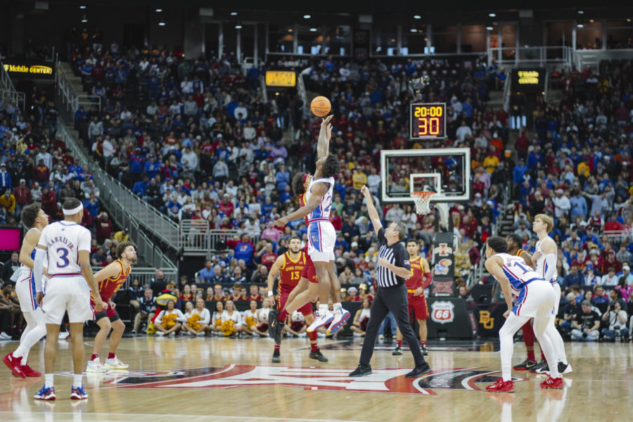 The tip off at the 2023 Big 12 Tournament Semifinals versus Kansas in the T-Mobile Center, Mar. 10.