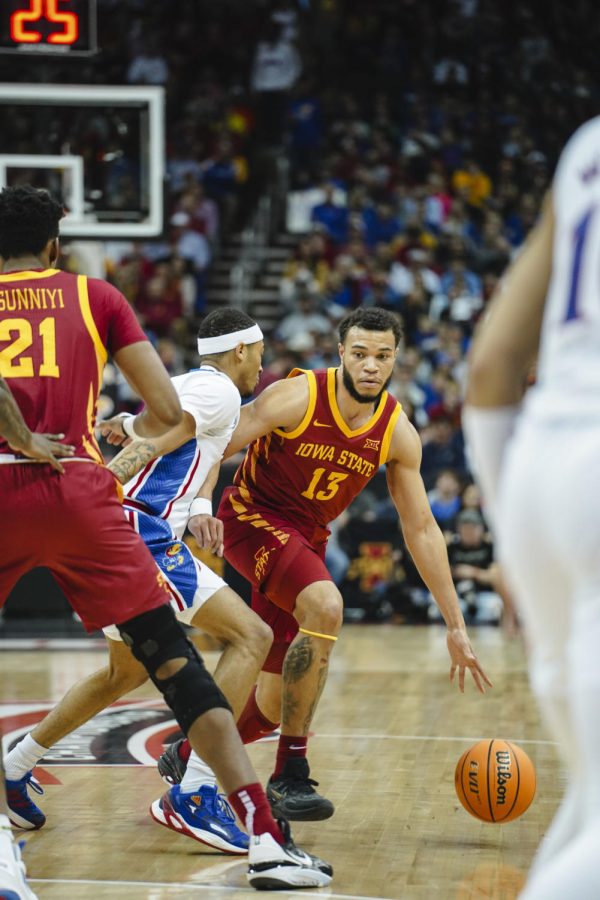 Jaren Holmes at the 2023 Big 12 Tournament Semifinals versus Kansas in the T-Mobile Center, Mar. 10.