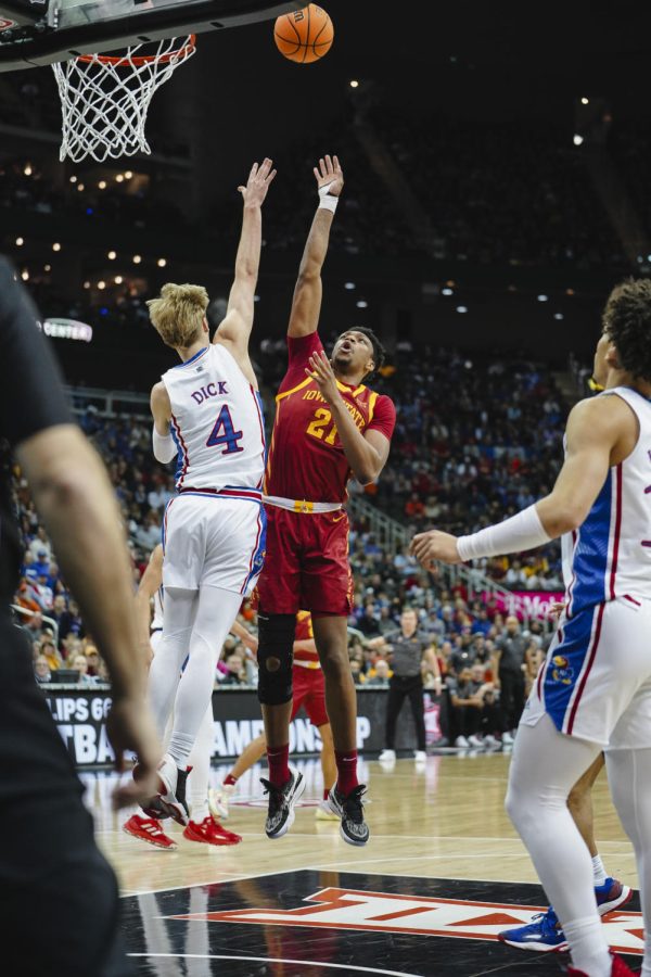 Osun Osunniyi at the 2023 Big 12 Tournament Semifinals versus Kansas in the T-Mobile Center, Mar. 10.