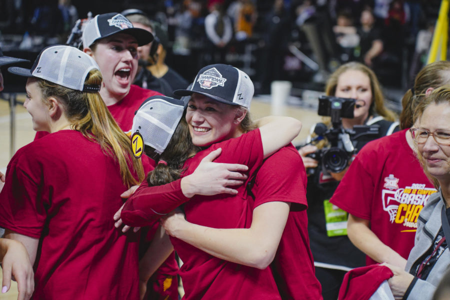 Ashley Joens hugs her teammate after ISUs Big 12 Championship win over Texas, 61-51. Municipal Auditorium in Kansas City, MO, Mar. 12, 2023.