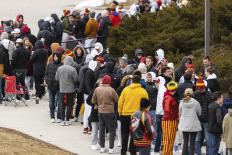Iowa State students wait outside of Hilton Coliseum before the Iowa State vs. Texas mens basketball game on Jan. 17, 2023.