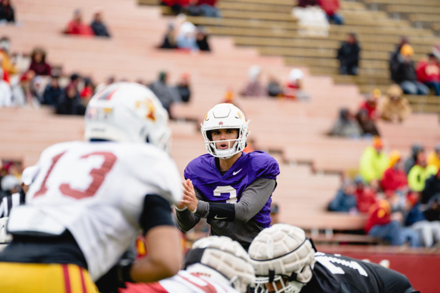 ISU Quarterback Rocco Becht performs his cadence during the Iowa State Spring football game, Jack Trice Stadium, April 22.