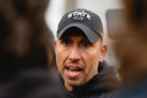 Matt Campbell speaks to the media after the Iowa State Spring football game, Jack Trice Stadium, April 22.
