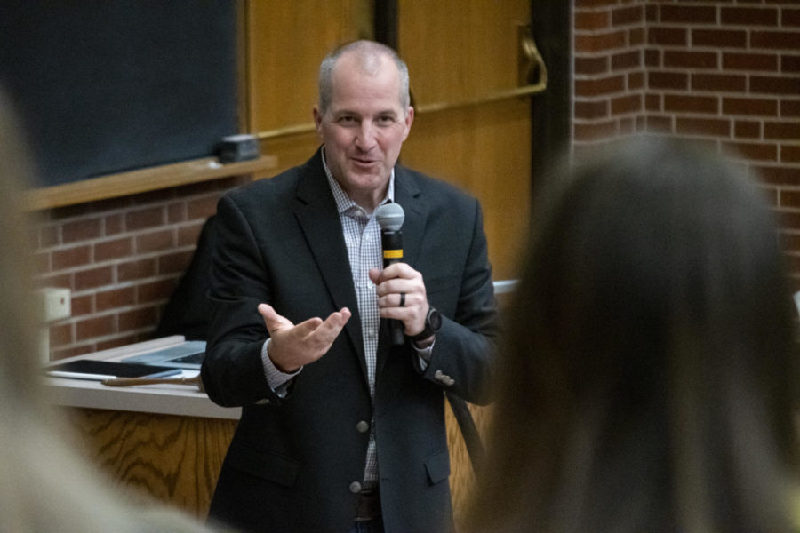 Iowas Secretary of Agriculture, Mike Naig, speaks at Iowa State Universitys Block and Bridle Club meeting on April 12, 2023 in the Lush Auditorium in Kildee Hall. Naig answers questions given to him by the club members.