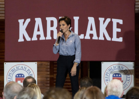 Republican politician Kari Lake speaks in front of a crowd of supporters during the Story County Iowa GOP Lincoln Highway Dinner at the Story County Fairgrounds in Nevada, Iowa, on April 6, 2023.