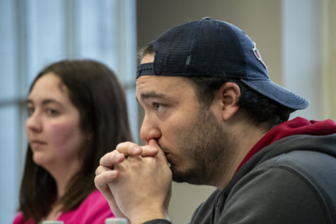 Graduate Senator Edward Eddie Mahoney sits and listens to the nominees elected for Speaker of the Senate answer questions from other senators during the Student Senate meeting in the Memorial Union Campanile Room Wednesday, April 19, 2023.