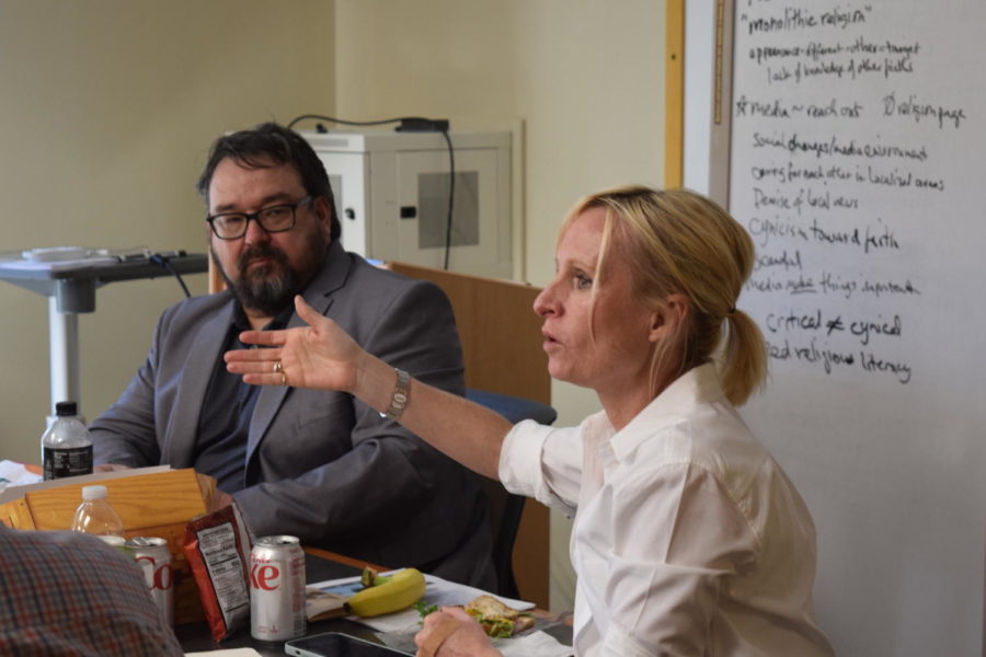 Dave Saldana (left) and Brooke Zaugg (right) speaking to faith and media leaders at the Covering Faith: Facts & Friction in the News Media First Amendment Days event, April 12.