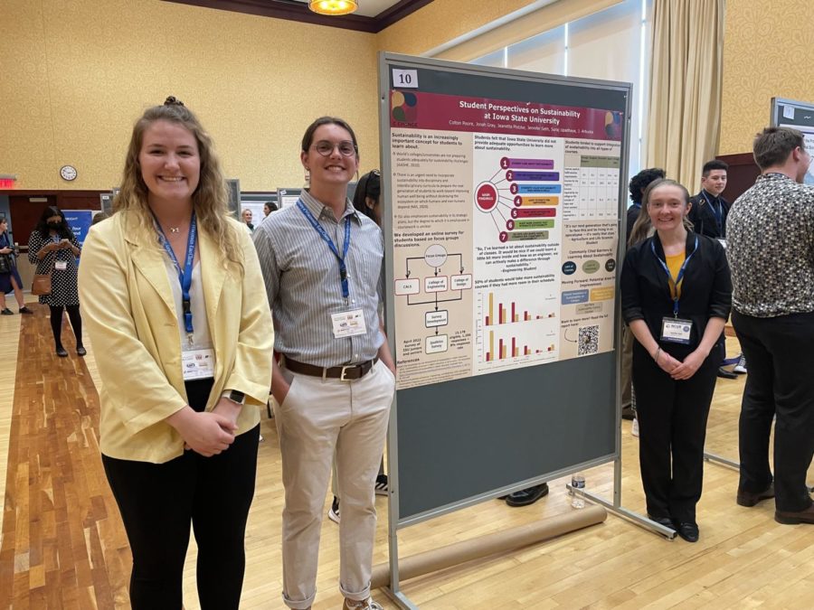 Jeanetta Plotzke, a senior in environmental science and global research systems (left), Jonah Gray, a senior in environmental science (middle) and  Jennifer Seth, an agricultural water management lab intern, presenting Student Perspectives
on Sustainability at
Iowa State University at the National Conference on Undergraduate Research.