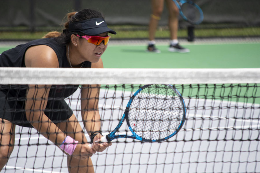 Nationally ranked at 54th in doubles, Anna Supapitch Kuearum (pictured) and Thasaporn Naklo prepare for a serve from 7th ranked Elise Wagle and Kimmi Hance from UCLA in the third round of the NCAA D1 Womens Tennis Championship tournament in Ames, IA, on Friday, May 12, 2023.