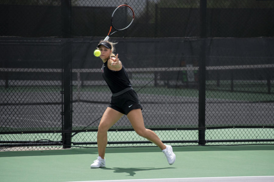 Miska Kadleckova prepares to relay the ball back over the net during her doubles match alongside teammate Sofia Cabezas and against UCLAs Fangran Tian and Anne-Christine Lutkemeyer in the third round of the NCAA D1 Womens Tennis Championship tournament in Ames, IA, on Friday, May 12, 2023.