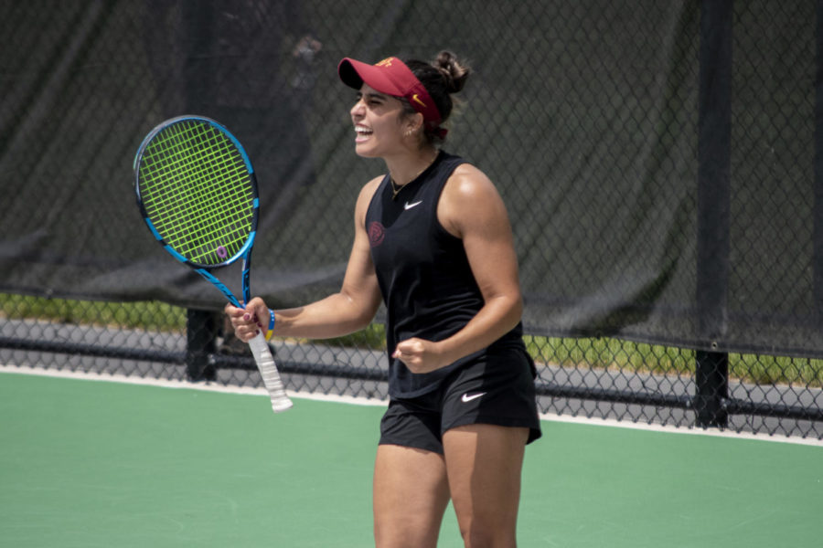 Sofia Cabezas celebrates after gaining a point during her doubles match alongside teammate Miska Kadleckova against UCLAs Fangran Tian and Anne-Christine Lutkemeyer in the third round of the NCAA D1 Womens Tennis Championship tournament in Ames, IA, on Friday, May 12, 2023.