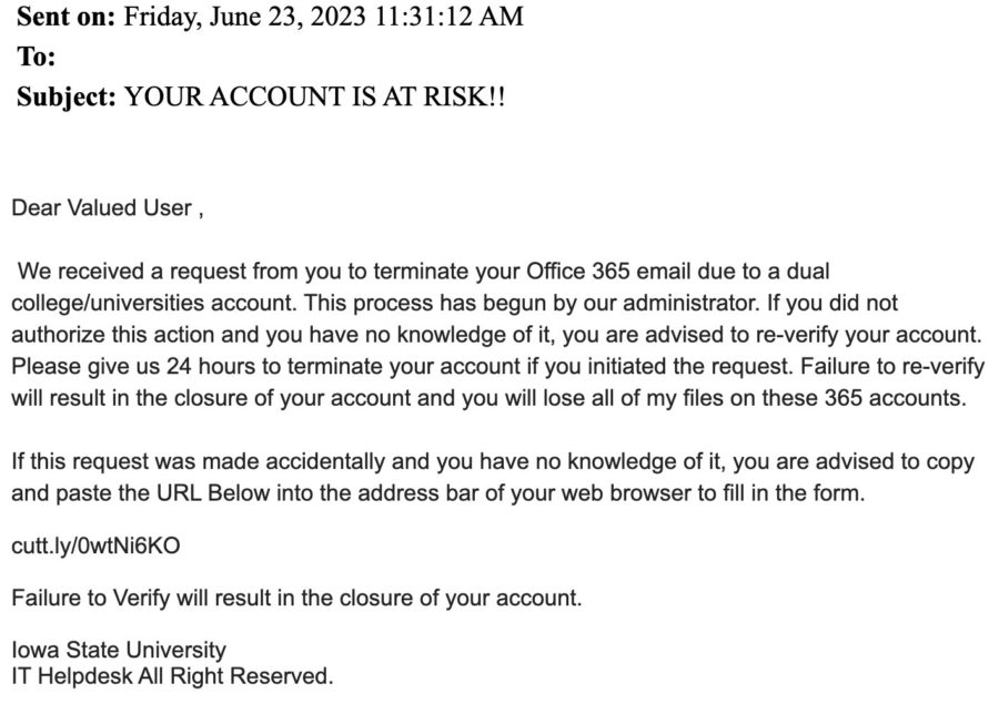 An email of the recent phishing scam threatening termination of the user’s Office 365 account