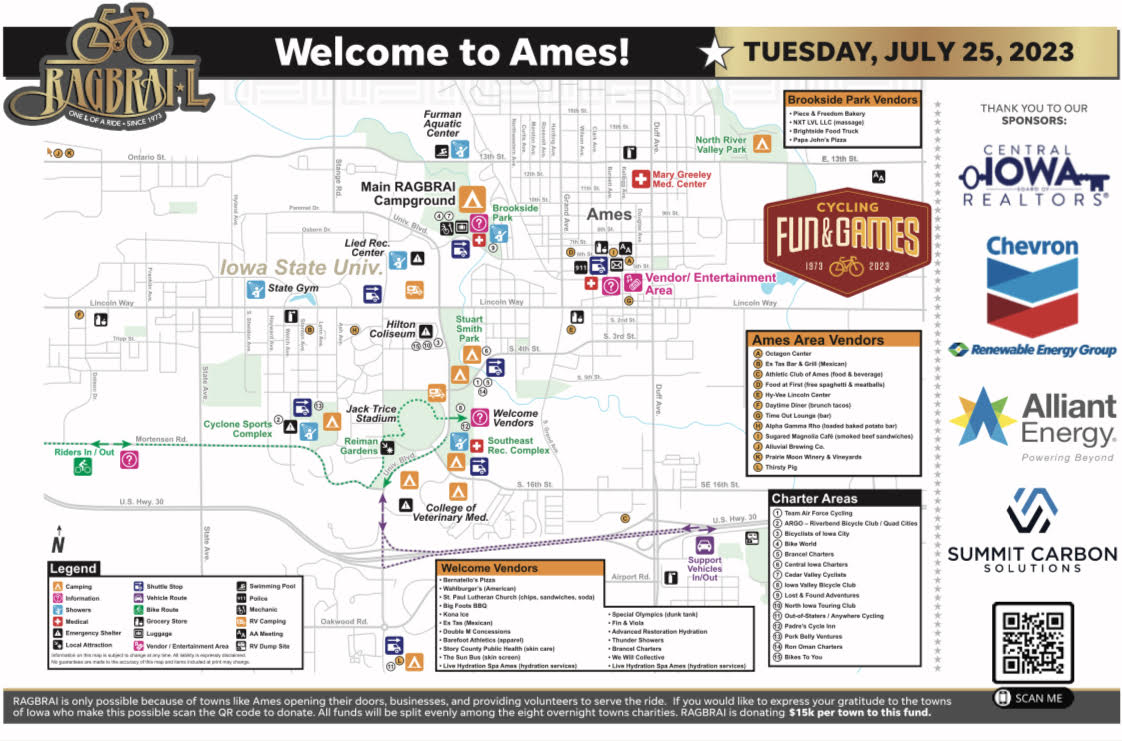 A map of RAGBRAI in Ames.