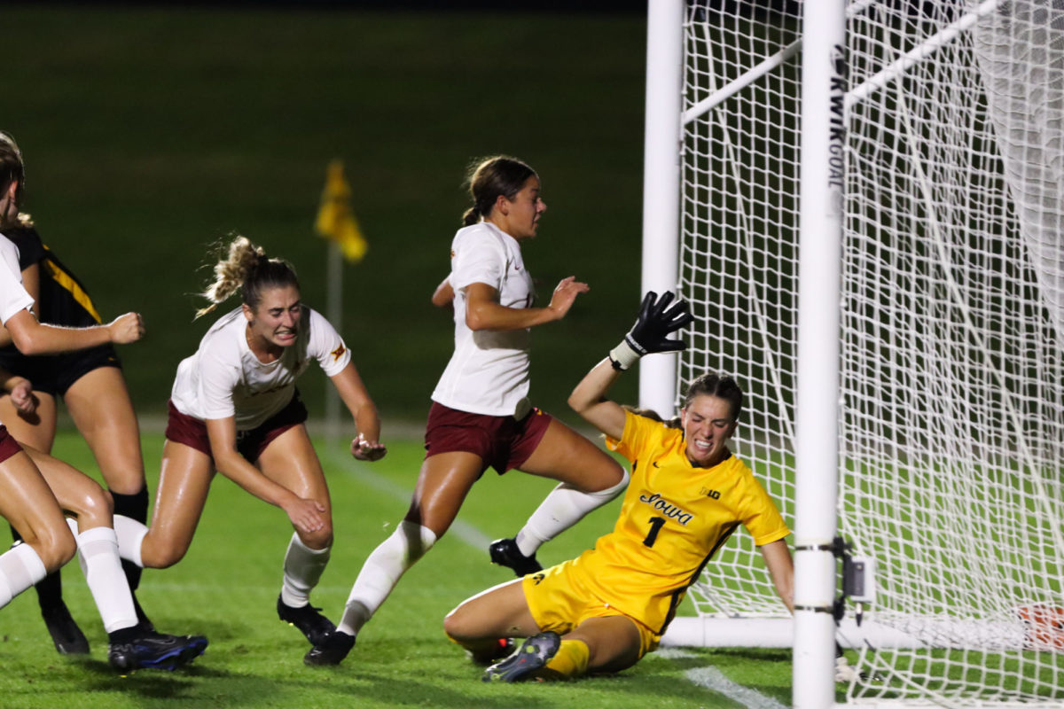 The Iowa Hawkeyes and Iowa State Cyclones battle in front of the net in Iowas 2-1 win over the Cyclones on Aug. 24.