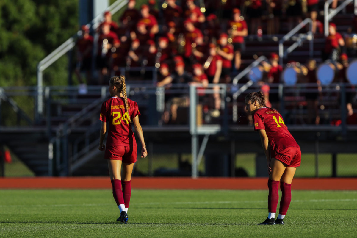 Abigail Miller and Lauren Hernandez waiting for the regulation time to start at the Iowa State vs. Memphis match, Cyclone Sports Complex, Aug. 31, 2023.