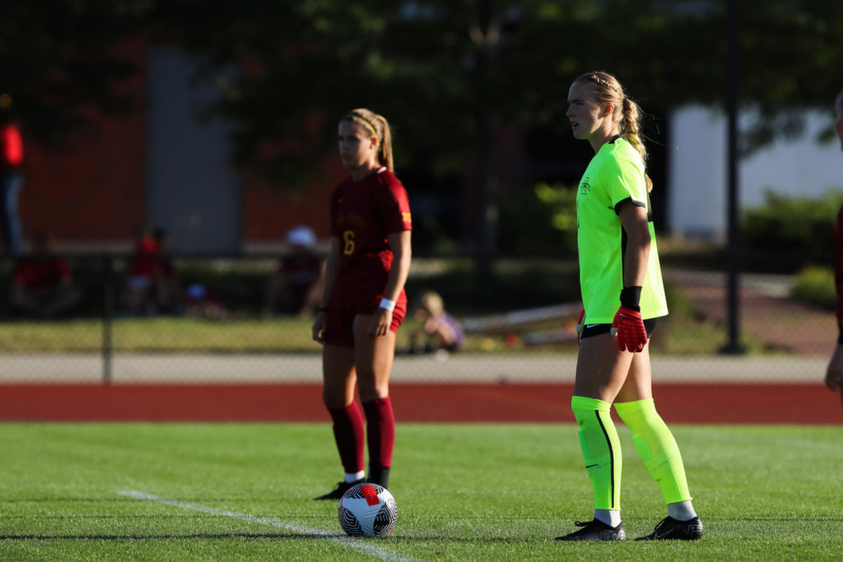 Chloe Broughton and Avery Gillahan scanning the field for options during a goal kick at the Iowa State vs. Memphis match, Cyclone Sports Complex, Aug. 31, 2023.