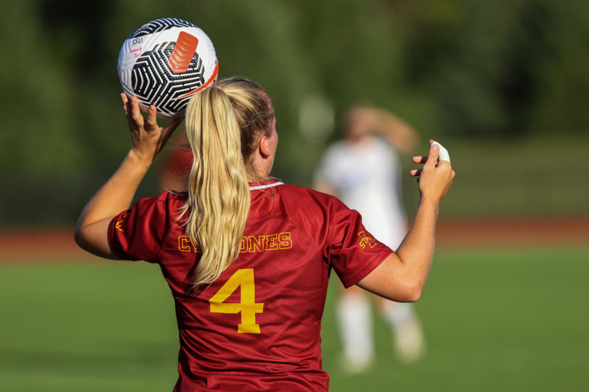 Maddie Brant throwing the ball back into play during the Iowa State vs. Memphis match, Cyclone Sports Complex, Aug. 31, 2023.