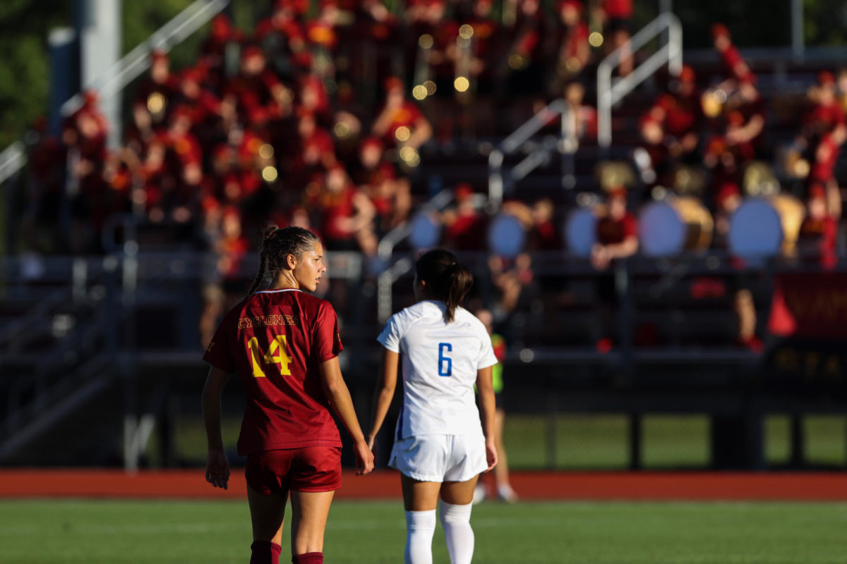 Lauren Hernandez waiting for the ball to come into play during the Iowa State vs. Memphis match, Cyclone Sports Complex, Aug. 31, 2023.