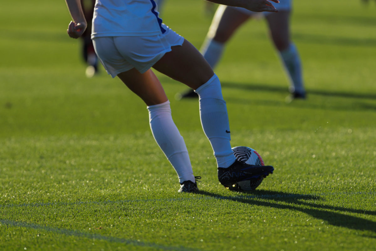 Memphis defender passing the ball to a teammate during the Iowa State vs. Memphis match, Cyclone Sports Complex, Aug. 31, 2023.