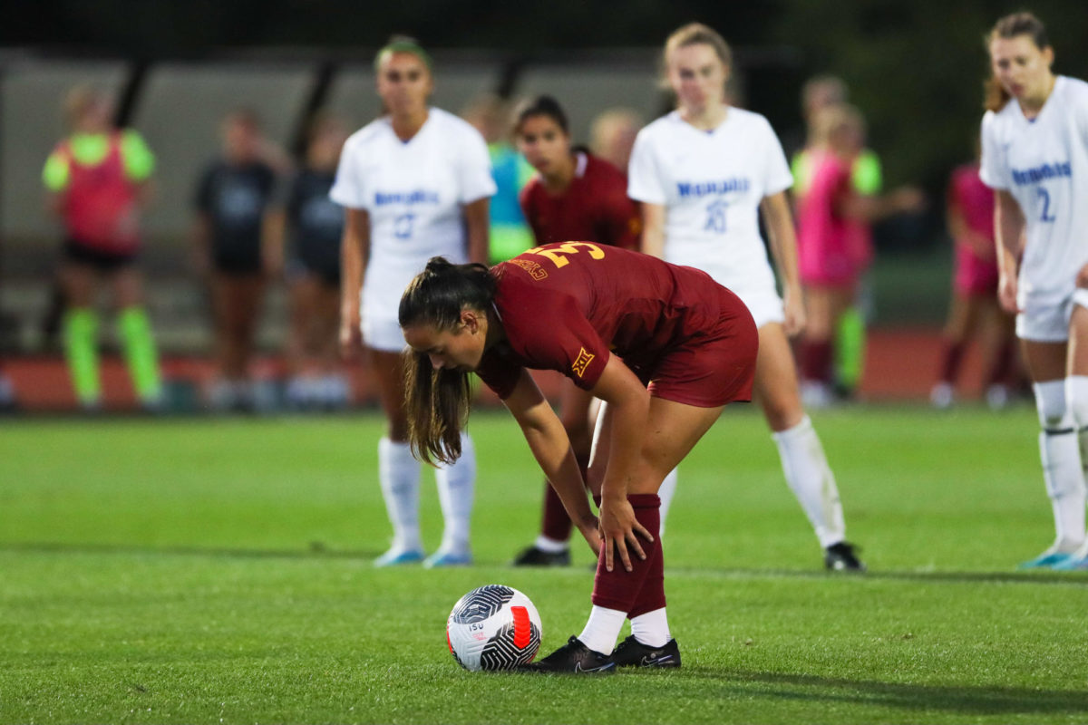 Iowa States Kristin Boos preparing for a penalty kick during the Iowa State vs. Memphis match, Cyclone Sports Complex, Aug. 31, 2023.