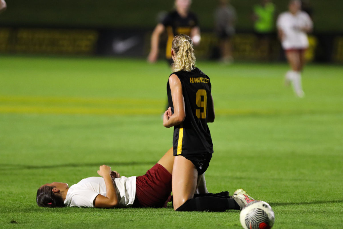 Iowas Samantha Cary waiting to see who the foul was called on during the CyHawk soccer game, University of Iowa Soccer Complex, Aug. 24, 2023.