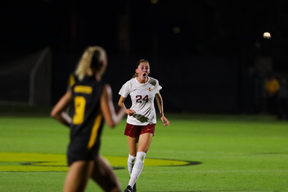 Abigail Miller communicates with her team during the Cy-Hawk Soccer Game, University of Iowa Soccer Complex, Aug. 24, 2023.