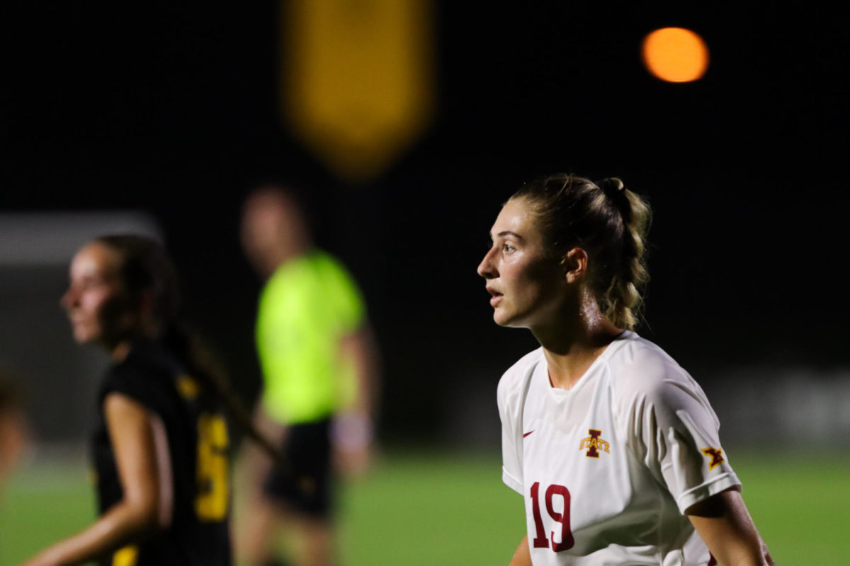 Alex Campana receiving a pass during the CyHawk Soccer Game, University of Iowa Soccer Complex, Aug. 24, 2023.
