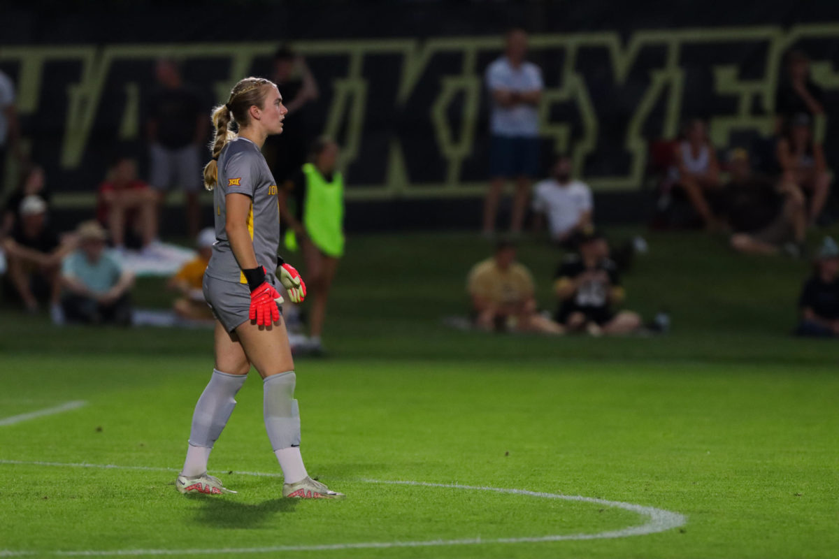 Avery Gillahan at the start of the CyHawk Soccer Game, University of Iowa Soccer Complex, Aug. 24, 2023.