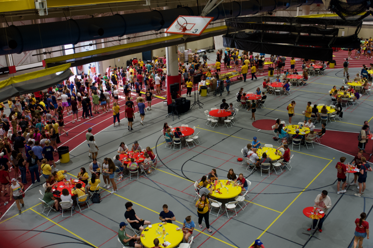 Filled with tables, Lied Rec Center hosts the Iowa State Welcome Cookout on Aug. 18, 2023.