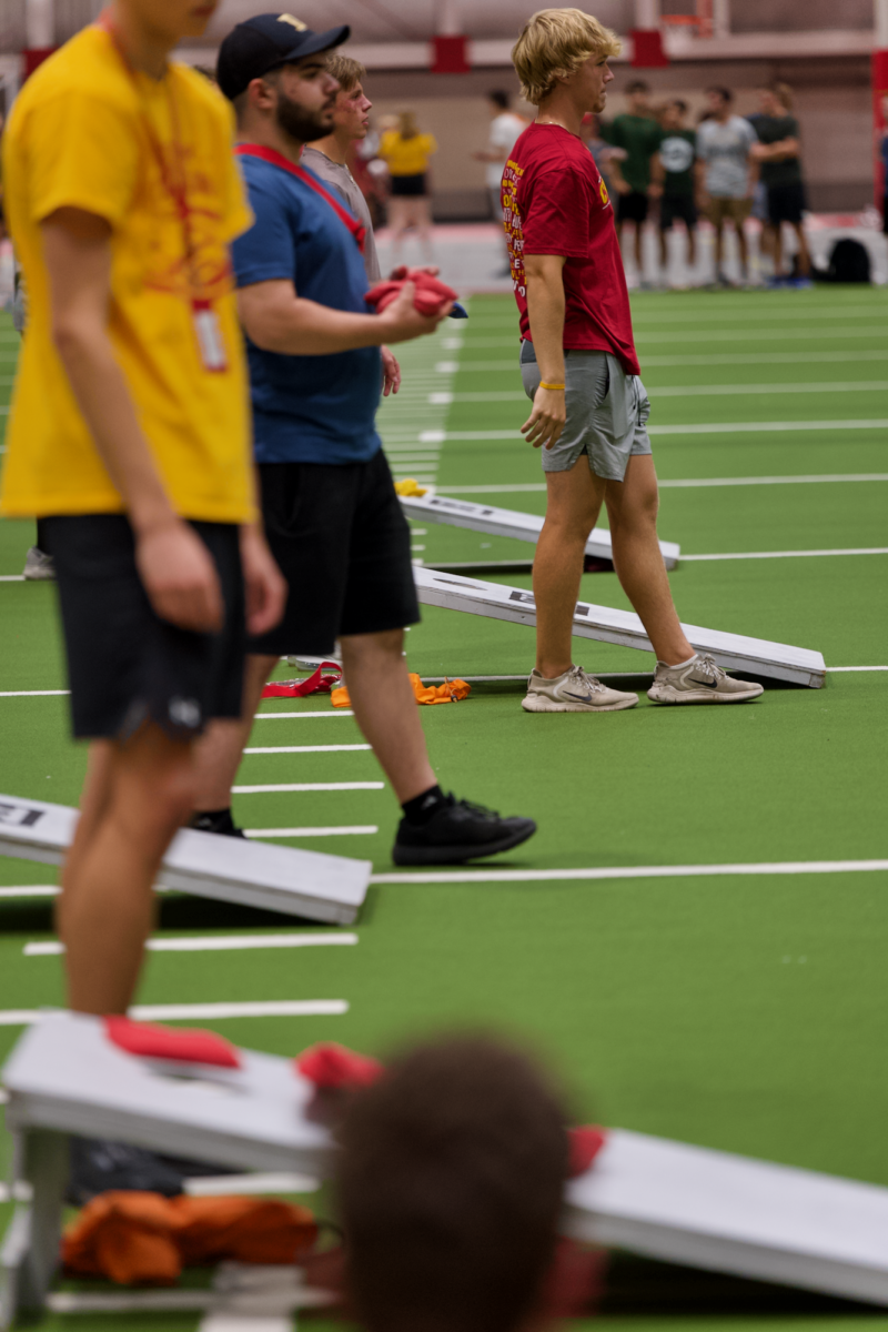 Several corn hole boards were displayed on the field at Lied Rec Center for students to converse and get acquainted on Aug. 18, 2023.