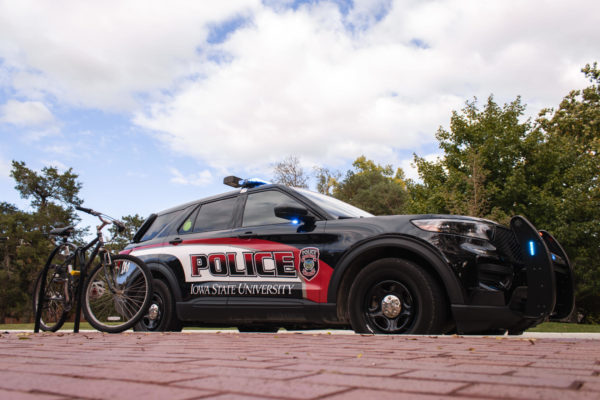 Iowa State University Police vehicle parked outside of Troxel Hall. Sept. 25, 2023. 