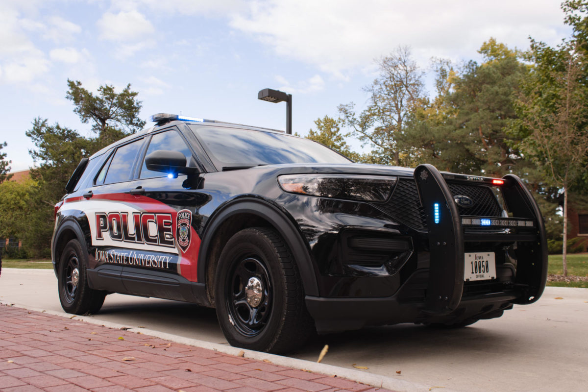 Iowa State University Police vehicle parked outside of Troxel Hall. Sept. 25, 2023. 
