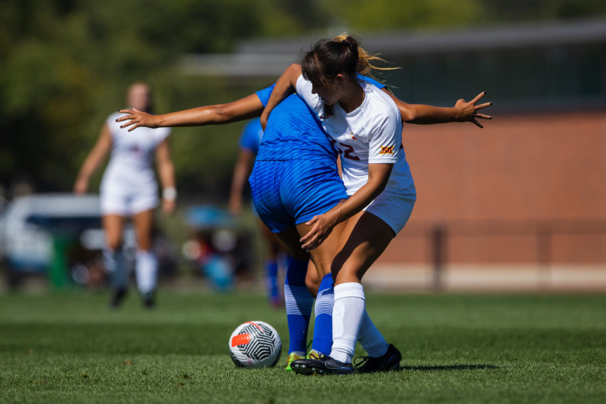Mira Emma playing physical during the Iowa State vs. UC Santa Barbara match, Cyclone Sports Complex, Sept. 3, 2023