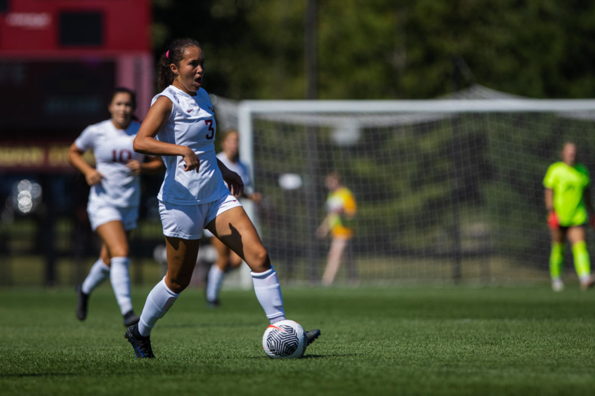 Isabella Agrusso running toward the defense during the Iowa State vs. UC Santa Barbara match, Cyclone Sports Complex, Sept. 3, 2023