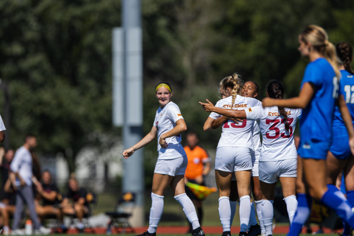 Cyclones celebrate after scoring the first goal during the Iowa State vs. UC Santa Barbara match, Cyclone Sports Complex, Sept. 3, 2023