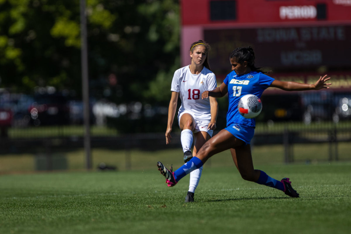 Olivia Edwards winning a challenge from Manuri Alwis during the Iowa State vs. UC Santa Barbara match, Cyclone Sports Complex, Sept. 3, 2023