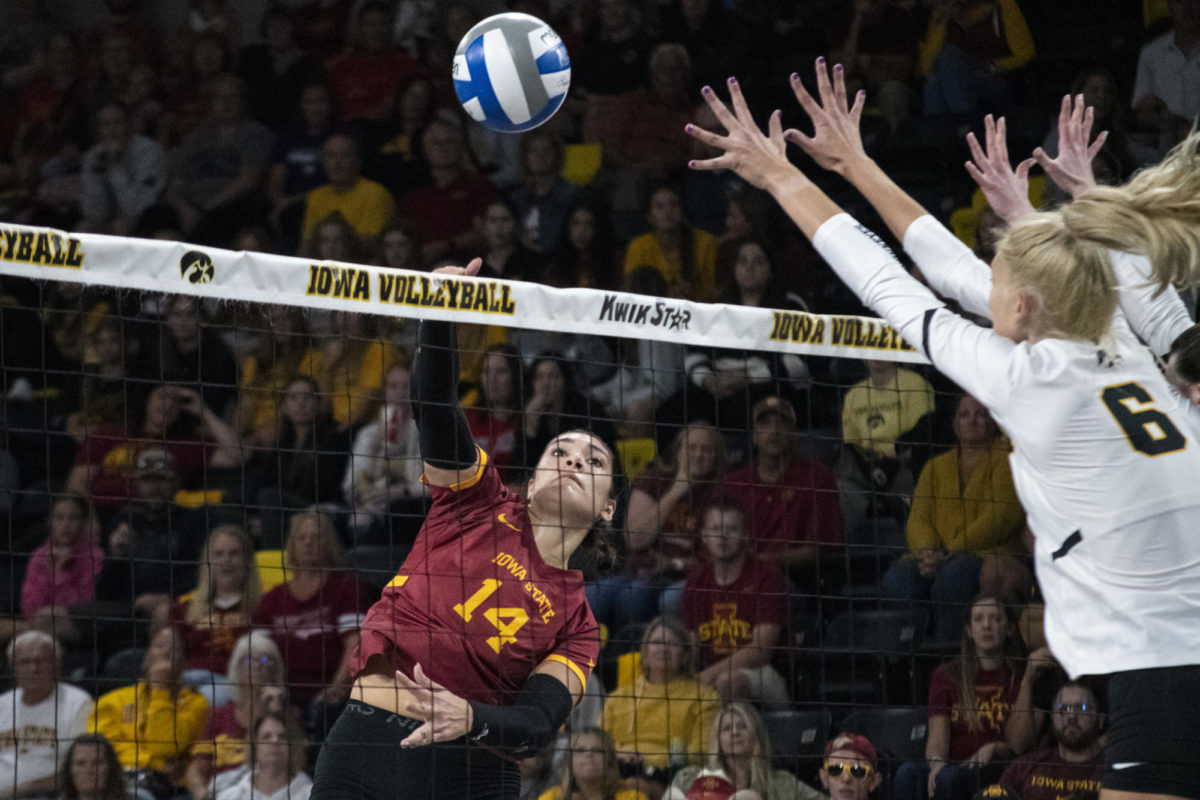 Iowa State’s Nayeli Gonzalez spikes the ball during the game against Iowa in the Iowa Corn Cy-Hawk Series on Wednesday, Sept. 6, 2023, at the Xtreme Arena in Coralville, Iowa.