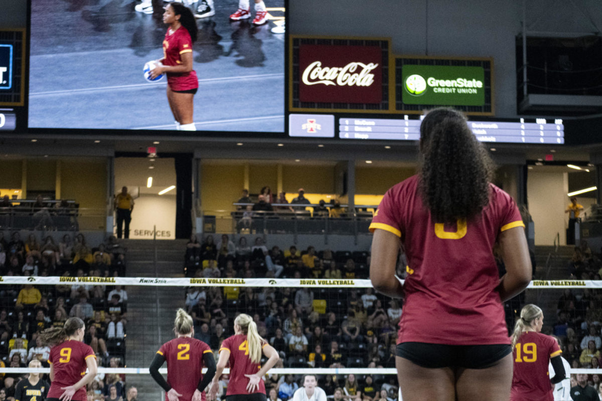 Iowa State’s Maya Duckworth prepares to serve during the game against Iowa in the Iowa Corn Cy-Hawk Series on Wednesday, Sept. 6, 2023, at the Xtreme Arena in Coralville, Iowa.