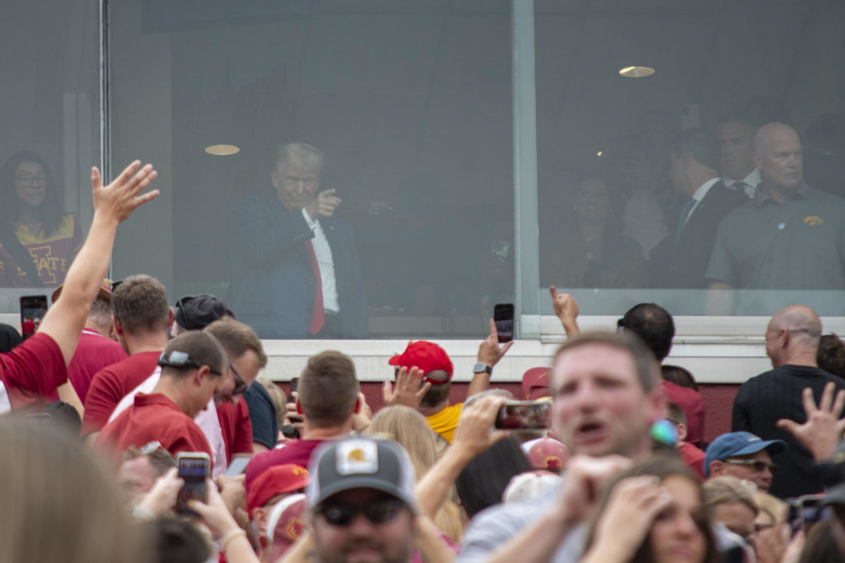 Former+President+Donald+Trump+points+to+the+crowd+before+the+Iowa+Corn+Cy-Hawk+Series+football+game+on+Saturday%2C+Sept.+9%2C+2023%2C+at+Jack+Trice+Stadium+in+Ames%2C+Iowa.