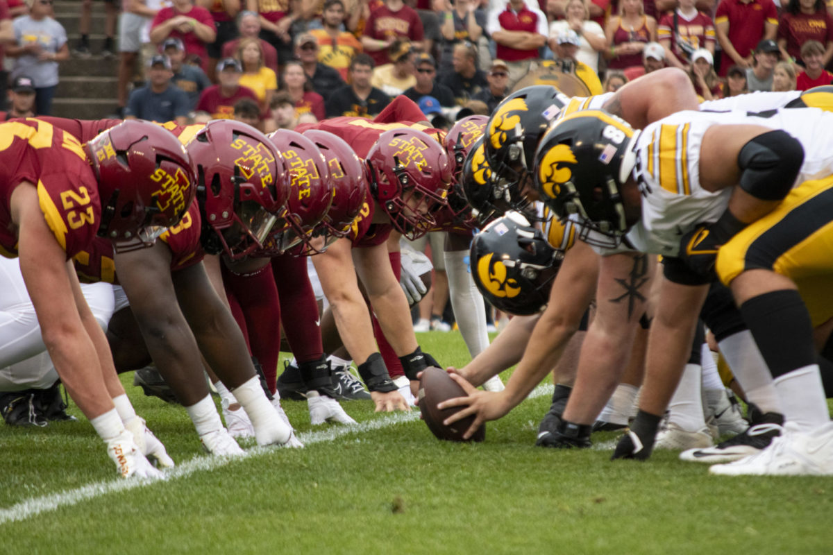Iowa State’s defense and Iowa’s offense meet at the line of scrimmage for an Iowa field goal attempt during the first half of the Iowa Corn Cy-Hawk Series football game against Iowa on Saturday, Sept. 9, 2023, at Jack Trice Stadium in Ames.