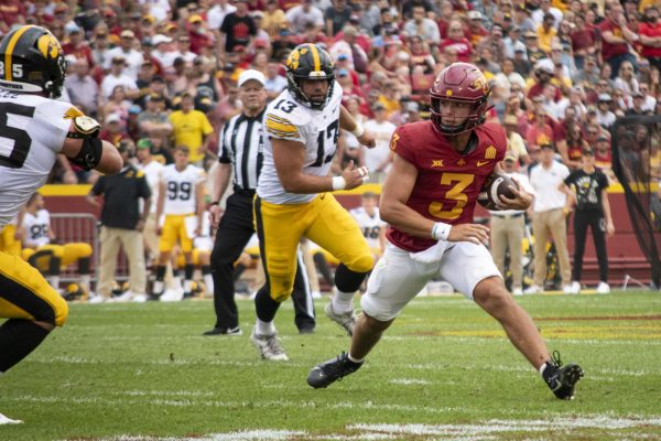 Iowa State’s Rocco Becht runs with the ball during the first half of the Iowa Corn Cy-Hawk Series football game against Iowa on Saturday, Sept. 9, 2023, at Jack Trice Stadium in Ames.