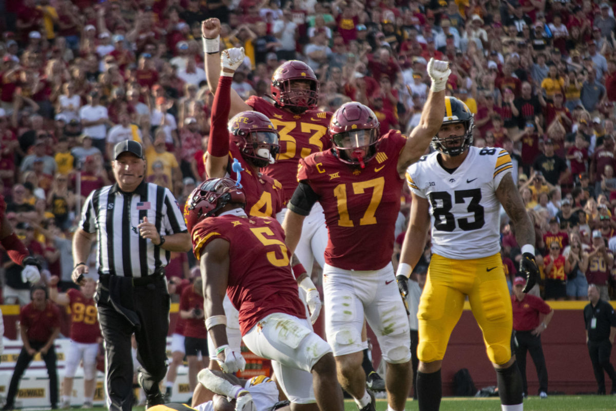 From left: Iowa State’s Myles Purchase (5), Jeremiah Cooper (4), Jack Sadowsky V (33), and Beau Freyler (17), celebrate after forcing a fourth down during the second half of the Iowa Corn Cy-Hawk Series football game against Iowa on Saturday, Sept. 9, 2023, at Jack Trice Stadium in Ames.