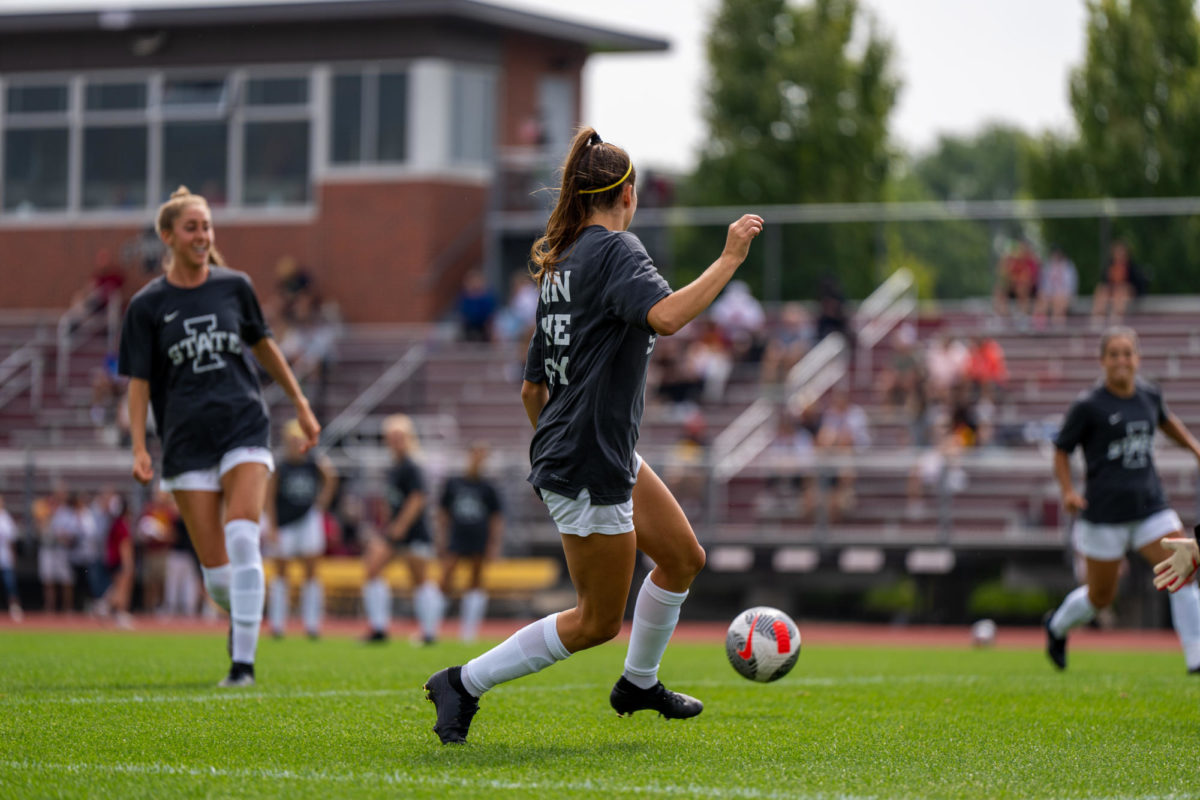 Olivia Edwards passing the ball during warmups before the Iowa State vs. Kentucky match, Cyclone Sports Complex, Sept. 10th, 2023.