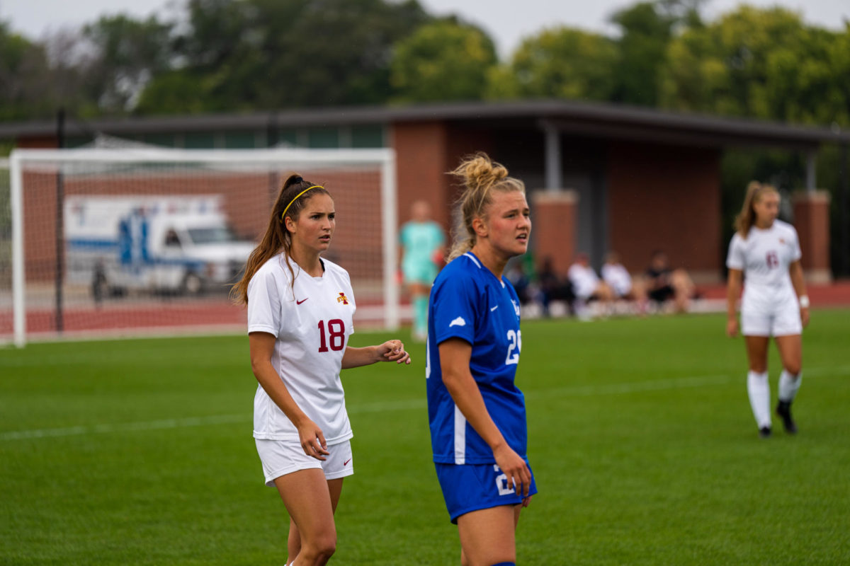 Olivia Edward playing tight defense during the Iowa State vs. Kentucky match, Cyclone Sports Complex, Sept. 10th, 2023.