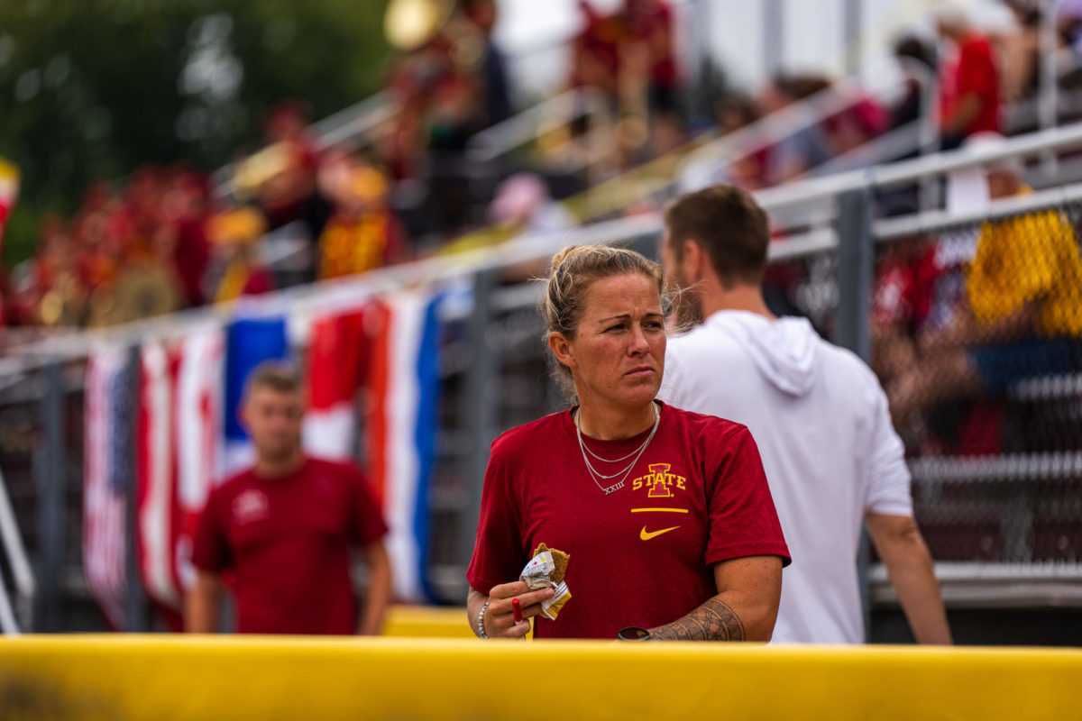 Iowa States Associate Head Coach CC McGrath after halftime of the Iowa State vs. Kentucky match, Cyclone Sports Complex, Sept. 10th, 2023.