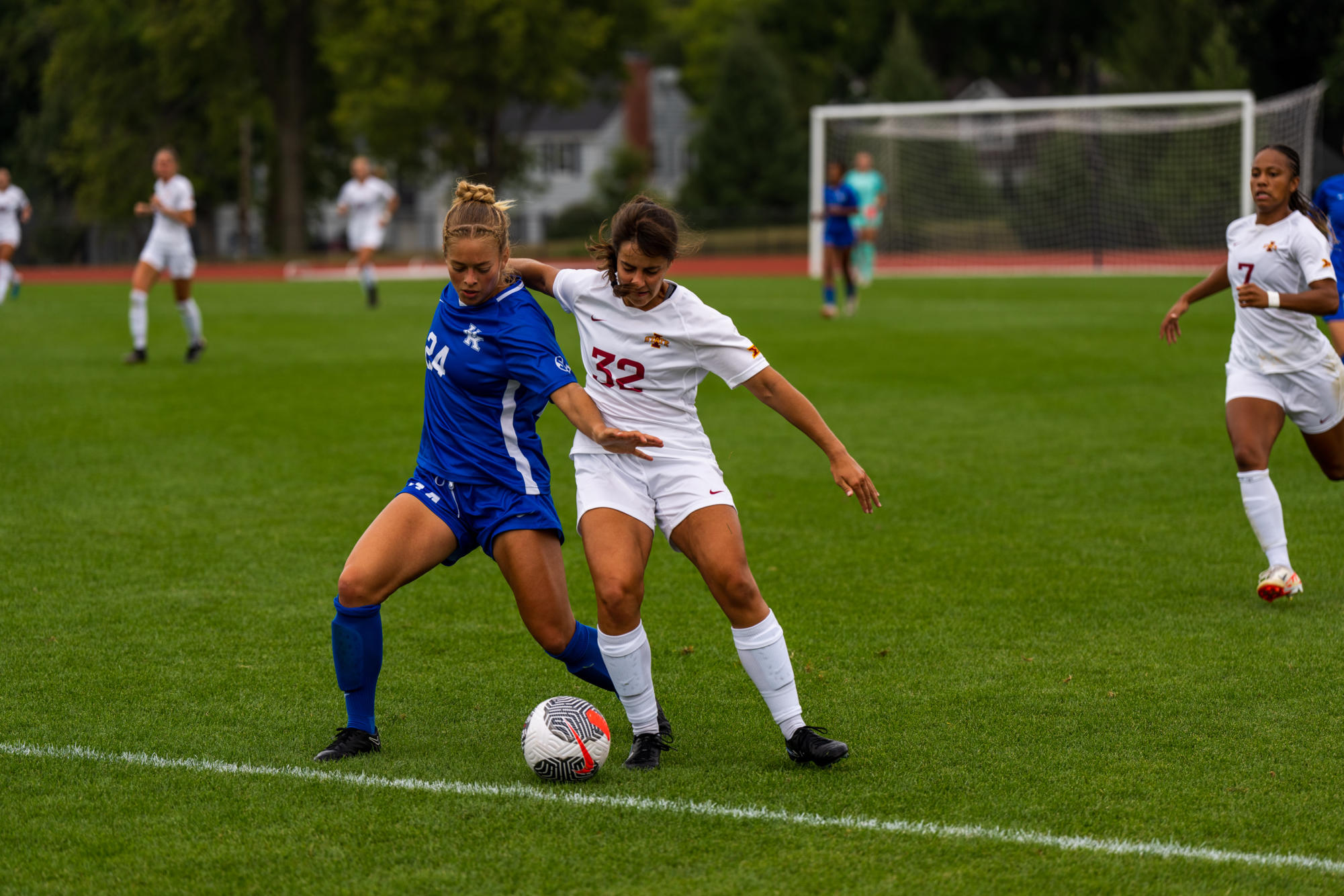 Mira Emma playing physical against Kentuckys Grace Phillpotts during the Iowa State vs. Kentucky match, Cyclone Sports Complex, Sept. 10th, 2023.